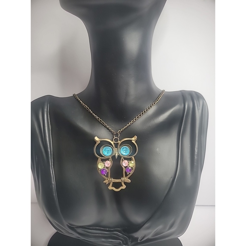 Vintage Gold Bronze Tone Owl Pendant Crystals Pink Bronze Tone Chain Necklace